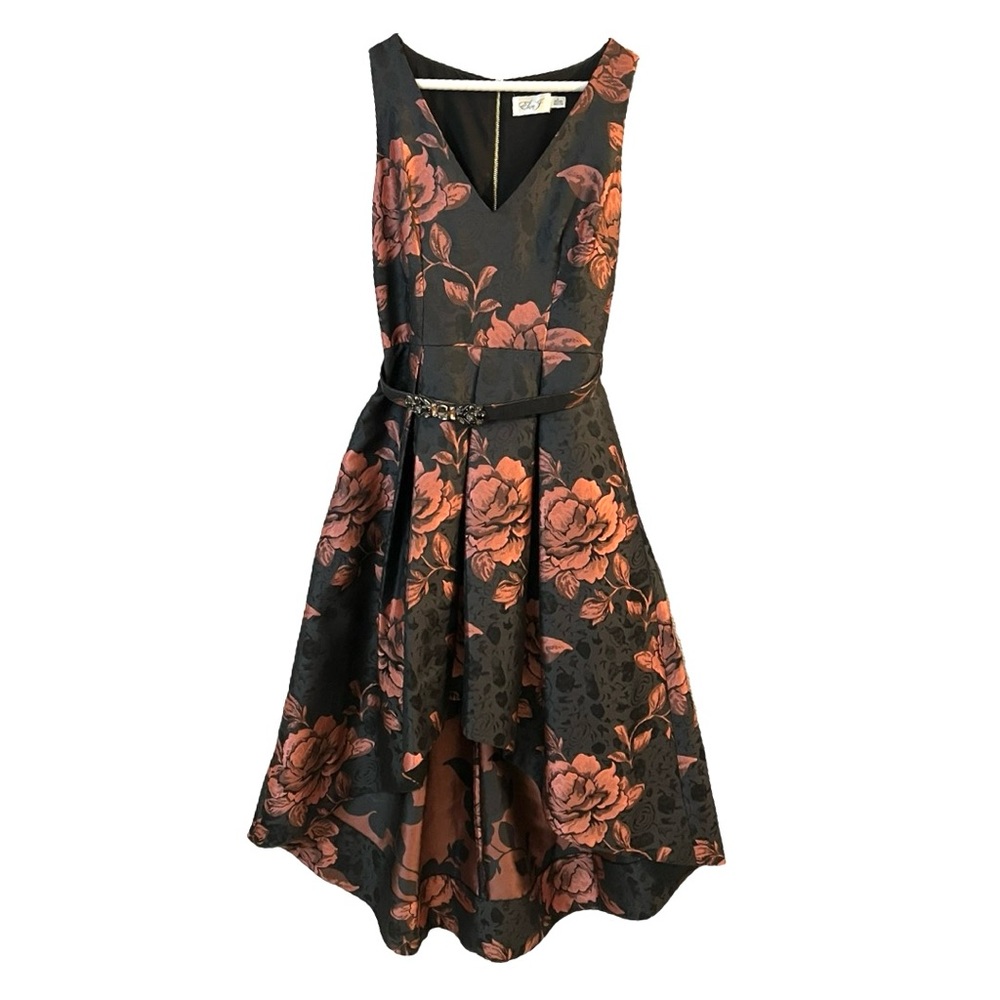 Eliza J High Low Jewel Belt Floral Jacquard Gown Size 8 Excellent Condition!
